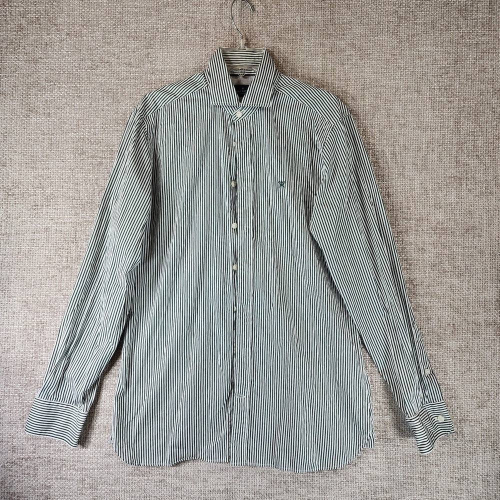 Hackett London Tailored Fit Oxford Shirt Mens M Green White Stripe 100% Cotton